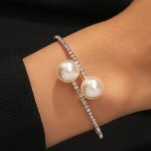Faux Pearl Design Wrap Around Cuff Bracelet Copper Sparkly Rhinestones